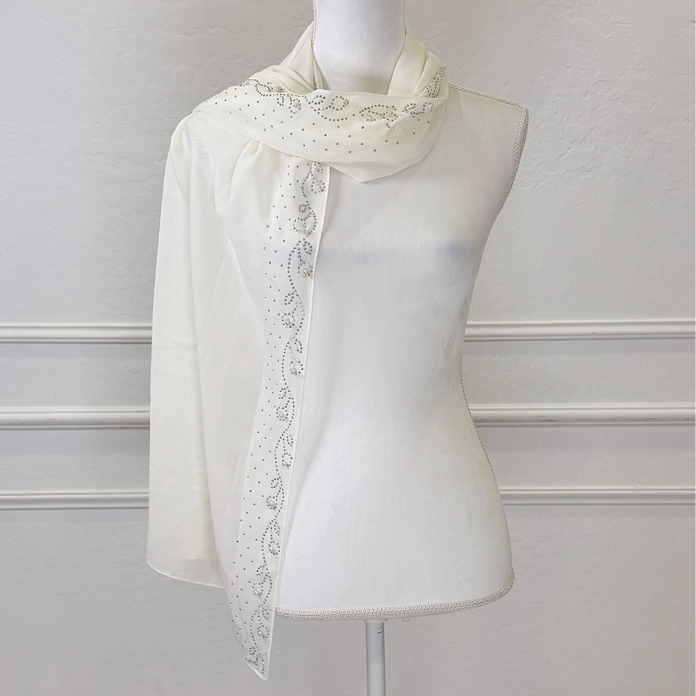 Jessica McClintock White Rhinestone Pearl Embellished Sheer Formal‎ Wrap Shawl